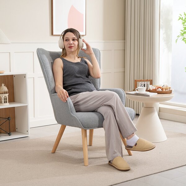 HOMCOM Křeslo s Boucle Potahem, Moderní Čalouněné Křeslo se Dřevěnými Nohy, Ergonomické Opěradlo a Područky, pro Jídelnu, Obývací Pokoj, Ložnici, Kanc