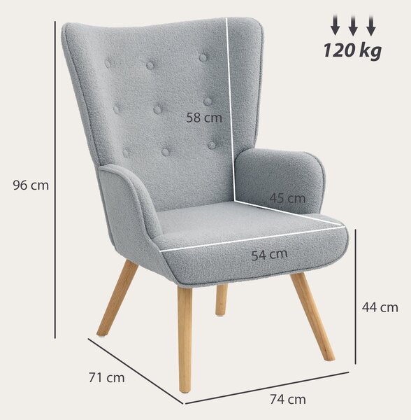 HOMCOM Křeslo s Boucle Potahem, Moderní Čalouněné Křeslo se Dřevěnými Nohy, Ergonomické Opěradlo a Područky, pro Jídelnu, Obývací Pokoj, Ložnici, Kanc