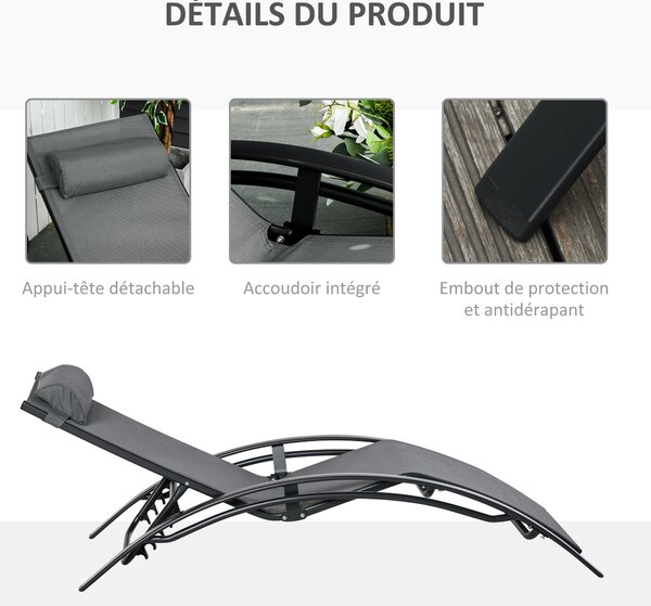 Outsunny moderní zahradní lehátko s nastavitelným opěradlem a odnímatelným polštářem z hliníkového textilenu dim. 171Š x 64H x 82V cm Šedé | Aosom