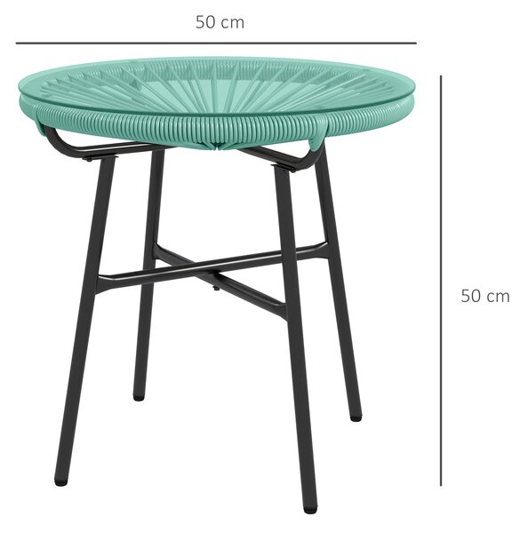 Kulatý zahradní stůl Outsunny v designu ratanu, kovová konstrukce a temperované sklo Ø 50 x 50 cm Zelený | Aosom