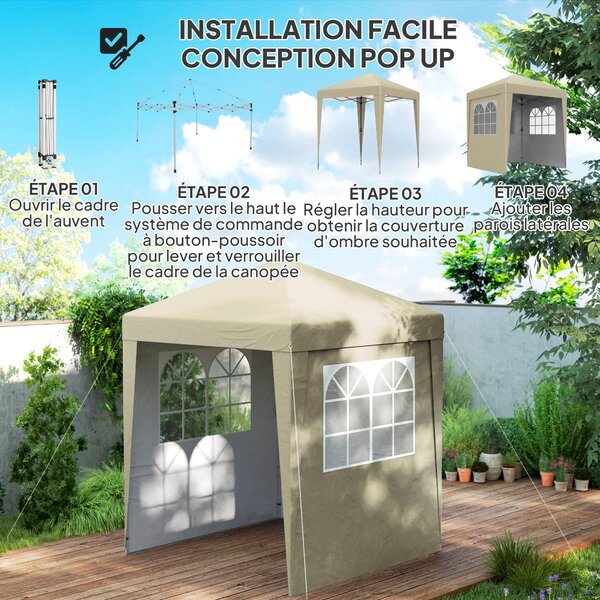 Skládací zahradní altán Outsunny 2 x 2 m - Rychlé stanoviště s nastavitelnou výškou ve 3 úrovních, UV ochrana 30+, 3 boční stěny, 4 pytle s pískem a 1