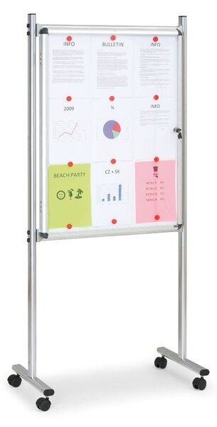 Vnitřní vitrína na stojanu, 720 x 980 mm, magnetická, jednostranná, s kolečky