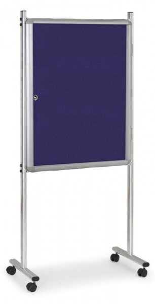 Vnitřní vitrína na stojanu, 720 x 980 mm, textilní, modrá, jednostranná, s kolečky