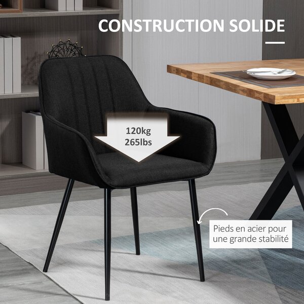 Jídelní židle HOMCOM v severském designu - Sada 2 židlí - Černé zkosené kovové nohy - Ergonomické lněné černé sedáky, opěradla a područky | Aosom
