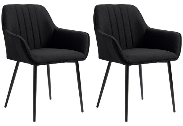 Jídelní židle HOMCOM v severském designu - Sada 2 židlí - Černé zkosené kovové nohy - Ergonomické lněné černé sedáky, opěradla a područky | Aosom