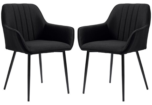 Jídelní židle HOMCOM v severském designu - Sada 2 židlí - Černé zkosené kovové nohy - Ergonomické lněné černé sedáky, opěradla a područky | Aosom