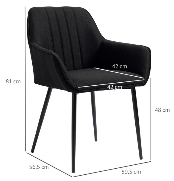 Jídelní židle HOMCOM v severském designu - Sada 2 židlí - Černé zkosené kovové nohy - Ergonomické lněné černé sedáky, opěradla a područky | Aosom