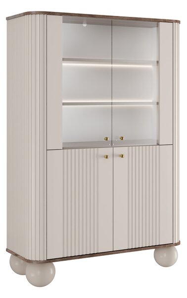 Vitrína Vesper 103 cm čtyřdveřová - kašmír / ořech / zlaté úchyty / kulaté nohy