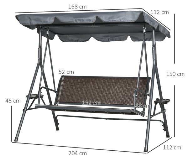 Zahradní houpačka pro 3 osoby s nastavitelnou střechou, držáky na nápoje, ergonomickým sedadlem a opěradlem v tmavě šedé a hnědé PE proutěné ocelové k