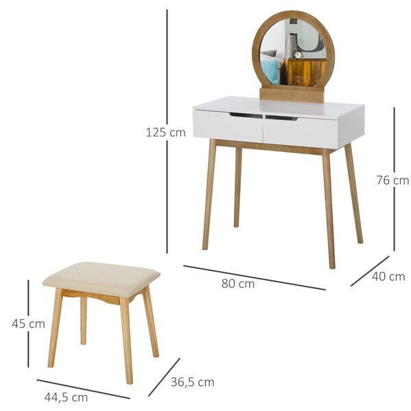 HOMCOM Severský design toaletní stolek s zrcadlem, 2 šuplíky a stoličkou, Bílá borovice | Aosom