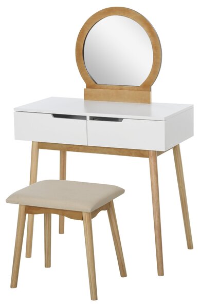 HOMCOM Severský design toaletní stolek s zrcadlem, 2 šuplíky a stoličkou, Bílá borovice | Aosom