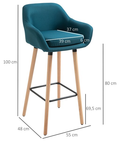HOMCOM Skandinávské designové barové židle - Sada 2 vysoce pohodlných barových židlí s opěrkami na nohy a područkami - Masivní dřevo modrý len | Aosom