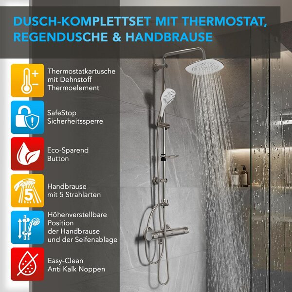 GROHE sprchová baterie Precision Flow, sprchový systém s dešťovou sprchou BELVIT, sprchová tyč, ruční sprcha a držák na mýdlo, 3 druhy proudu s bezpečnostní pojistkou