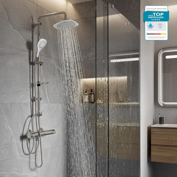 GROHE sprchová baterie Precision Flow, sprchový systém s dešťovou sprchou BELVIT, sprchová tyč, ruční sprcha a držák na mýdlo, 3 druhy proudu s bezpečnostní pojistkou