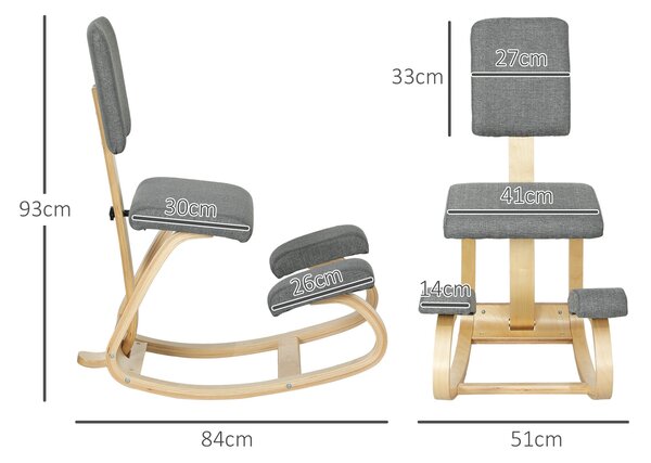 HOMCOM Ergonomická Kolenní Židle s Opěrkou, Houpací Kolenní Sedák, Ergonomická Dřevěná Židle, Ortopedická Kancelářská Židle, Korektor Držení Těla, Úle
