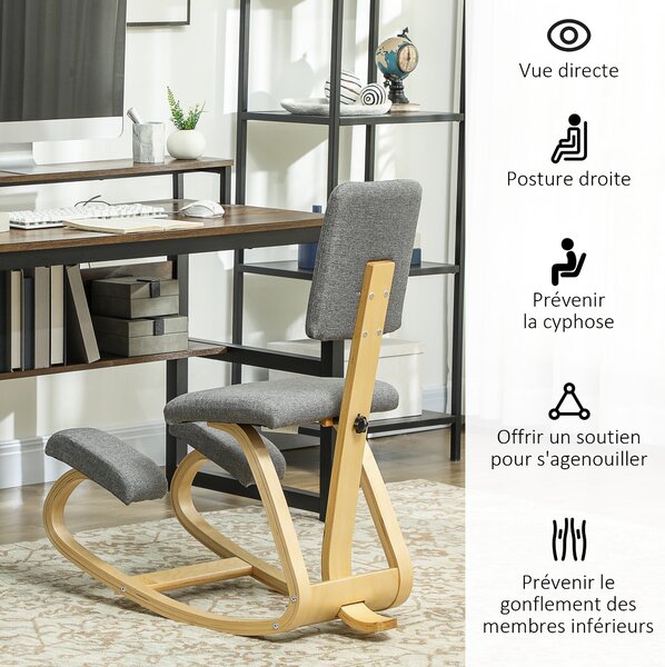HOMCOM Ergonomická Kolenní Židle s Opěrkou, Houpací Kolenní Sedák, Ergonomická Dřevěná Židle, Ortopedická Kancelářská Židle, Korektor Držení Těla, Úle