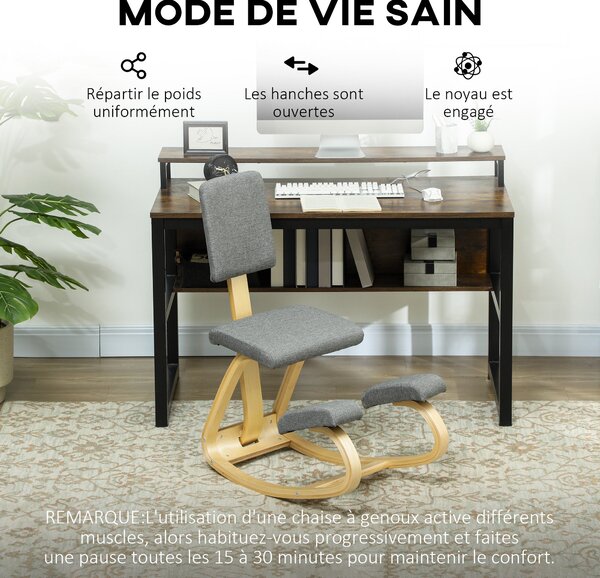 HOMCOM Ergonomická Kolenní Židle s Opěrkou, Houpací Kolenní Sedák, Ergonomická Dřevěná Židle, Ortopedická Kancelářská Židle, Korektor Držení Těla, Úle