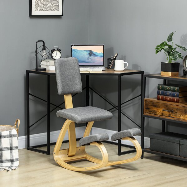 HOMCOM Ergonomická Kolenní Židle s Opěrkou, Houpací Kolenní Sedák, Ergonomická Dřevěná Židle, Ortopedická Kancelářská Židle, Korektor Držení Těla, Úle