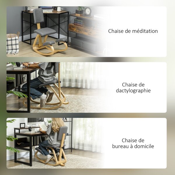 HOMCOM Ergonomická Kolenní Židle s Opěrkou, Houpací Kolenní Sedák, Ergonomická Dřevěná Židle, Ortopedická Kancelářská Židle, Korektor Držení Těla, Úle