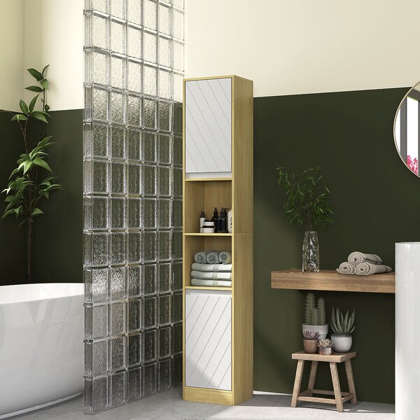 HOMCOM Koupelnová Skříňka z Dřeva s 2 Skříňkami a Nastavitelnými Policemi, Sloupový Design, 30x24x170 cm, Dub a Bílá | Aosom