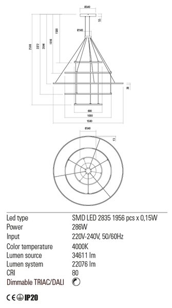 Redo Závěsné LED svítidlo ORBIT ø60/ø100/ø150/ø100/ø60 cm, 4000K, 5 kruhů Barva: Bílá, Stmívání, řízení: TRIAC