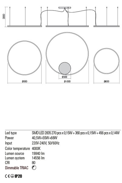 Redo Závěsné LED svítidlo ORBIT ø100/ø80/ø60 cm, 4000K, 3 kruhy Barva: Bílá, Stmívání, řízení: TRIAC
