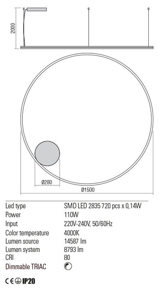 Redo Závěsné LED svítidlo ORBIT ø 150 cm, 4000K Barva: Černá, Stmívání, řízení: TRIAC