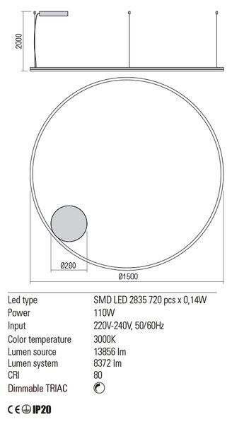 Redo Závěsné LED svítidlo ORBIT ø 150 cm, 3000K Barva: Černá, Stmívání, řízení: TRIAC