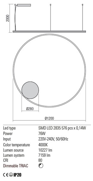 Redo Závěsné LED svítidlo ORBIT ø 120 cm, 4000K Barva: Bronzová, Stmívání, řízení: TRIAC