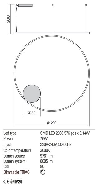 Redo Závěsné LED svítidlo ORBIT ø 120 cm, 3000K Barva: Bílá, Stmívání, řízení: TRIAC