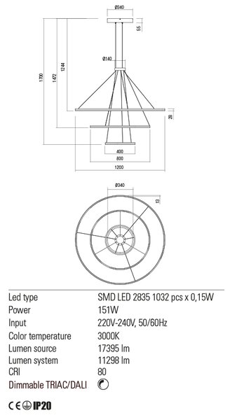 Redo Závěsné LED svítidlo ORBIT ø120/ø80/ø40 cm, 3000K, 3 kruhy Barva: Bílá, Stmívání, řízení: TRIAC