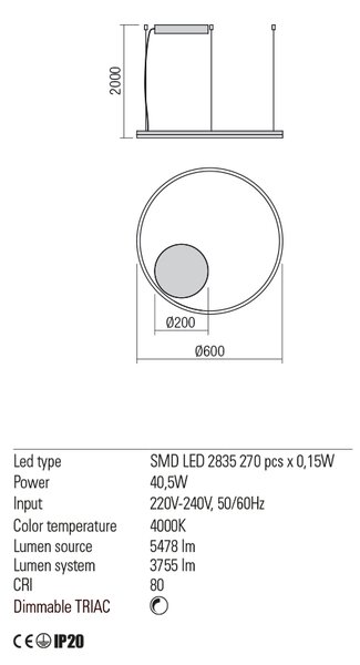Redo Závěsné LED svítidlo ORBIT ø 60 cm, 4000K Barva: Černá, Stmívání, řízení: TRIAC