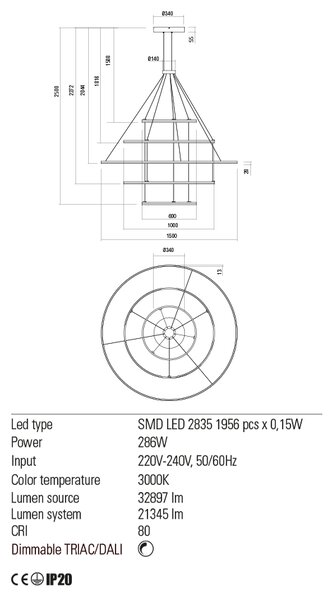 Redo Závěsné LED svítidlo ORBIT ø60/ø100/ø150/ø100/ø60 cm, 5 kruhů Barva: Černá, Stmívání, řízení: TRIAC