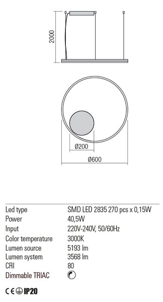 Redo Závěsné LED svítidlo ORBIT ø 60 cm, 3000K Barva: Bílá, Stmívání, řízení: TRIAC