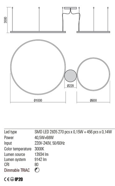 Redo Závěsné LED svítidlo ORBIT ø100/ø60 cm, 3000K, 2 kruhy Barva: Černá, Stmívání, řízení: TRIAC