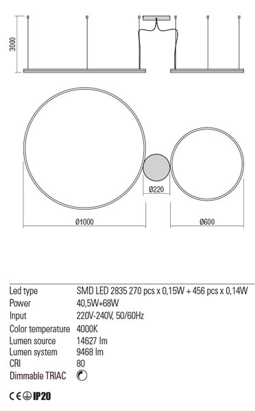 Redo Závěsné LED svítidlo ORBIT ø100/ø60 cm, 4000K, 2 kruhy Barva: Bronzová, Stmívání, řízení: TRIAC