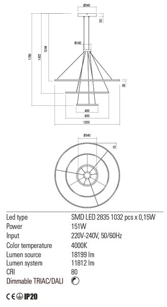 Redo Závěsné LED svítidlo ORBIT ø 120/ø80/ø40 cm, 4000K, 3 kruhy Barva: Bílá, Stmívání, řízení: TRIAC