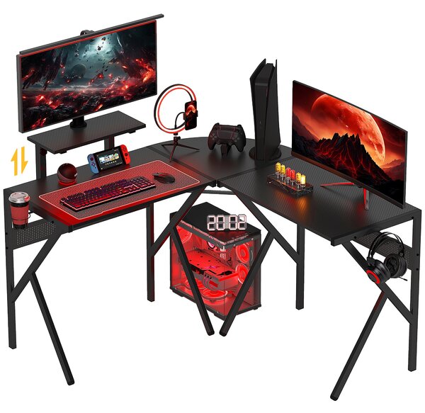 HOMCOM Herní stůl do tvaru L s rohovým designem 125 x 125 cm s povrchem z uhlíkových vláken, policí na monitor, držákem na hrníček a háčkem na sluchát