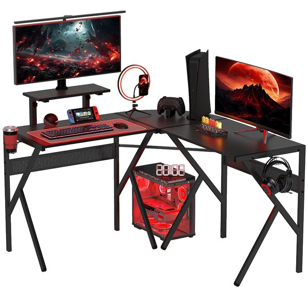 HOMCOM Herní stůl do tvaru L s rohovým designem 125 x 125 cm s povrchem z uhlíkových vláken, policí na monitor, držákem na hrníček a háčkem na sluchát