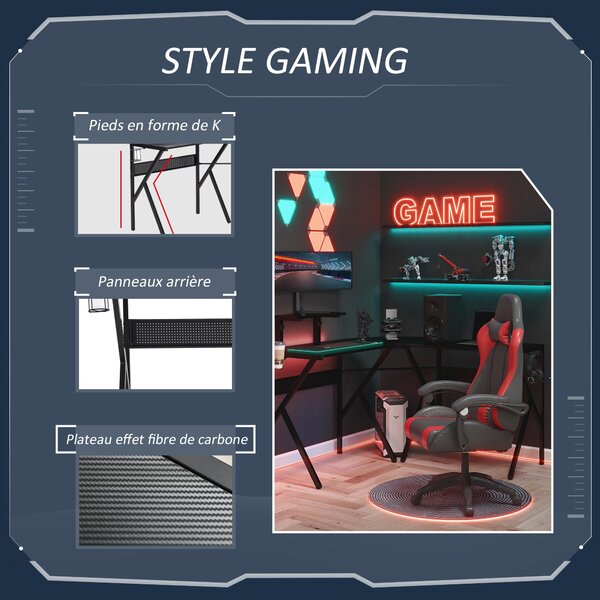 HOMCOM Herní stůl do tvaru L s rohovým designem 125 x 125 cm s povrchem z uhlíkových vláken, policí na monitor, držákem na hrníček a háčkem na sluchát