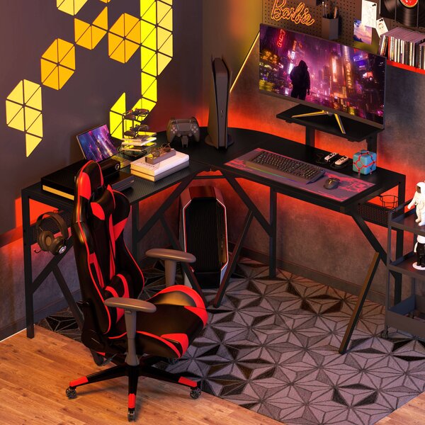 HOMCOM Herní stůl do tvaru L s rohovým designem 125 x 125 cm s povrchem z uhlíkových vláken, policí na monitor, držákem na hrníček a háčkem na sluchát