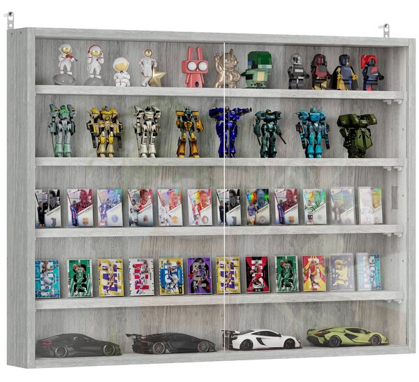 HOMCOM Vitrína na zeď 80 x 9,5 x 60 cm se 4 nastavitelnými policemi a 2 posuvnými skleněnými dveřmi, pro sbírku miniatur a aut, šedá | Aosom