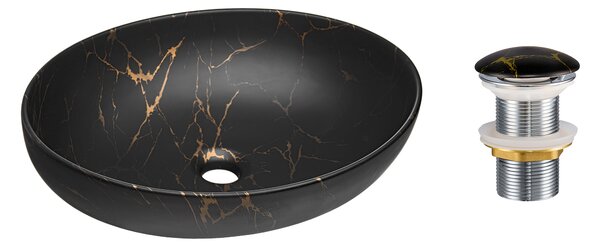 Comad Keramické umyvadlo na desku Mona 52x39,5 mramor + výpusť Click-Clack černý/zlatý mramor