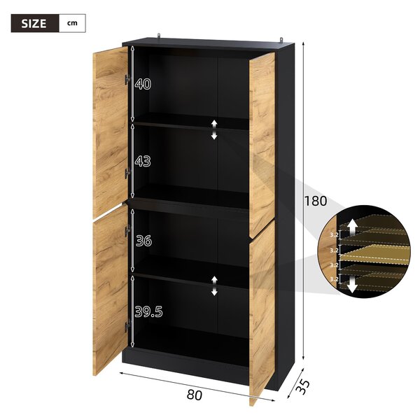 Kuchyňské skříňky Flieks s nastavitelnými policemi, archivní skříň 80x35x180 cm, úložná skříň do kanceláře, obývacího pokoje nebo chodby, barva: černá a buk