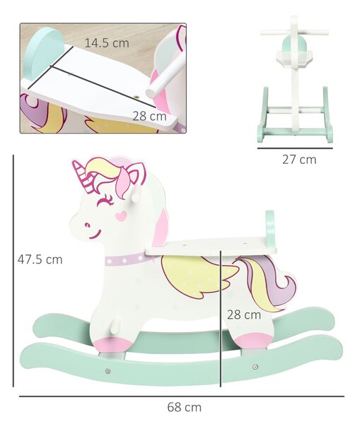 AIYAPLAY Houpací kůň pro děti 1-3 roky s madly, houpací kůň s opěrkou a pedály z MDF, 68cm x 27cm x 47.5cm, Modrá Růžová Bílá | Aosom