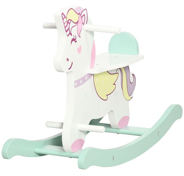 AIYAPLAY Houpací kůň pro děti 1-3 roky s madly, houpací kůň s opěrkou a pedály z MDF, 68cm x 27cm x 47.5cm, Modrá Růžová Bílá | Aosom