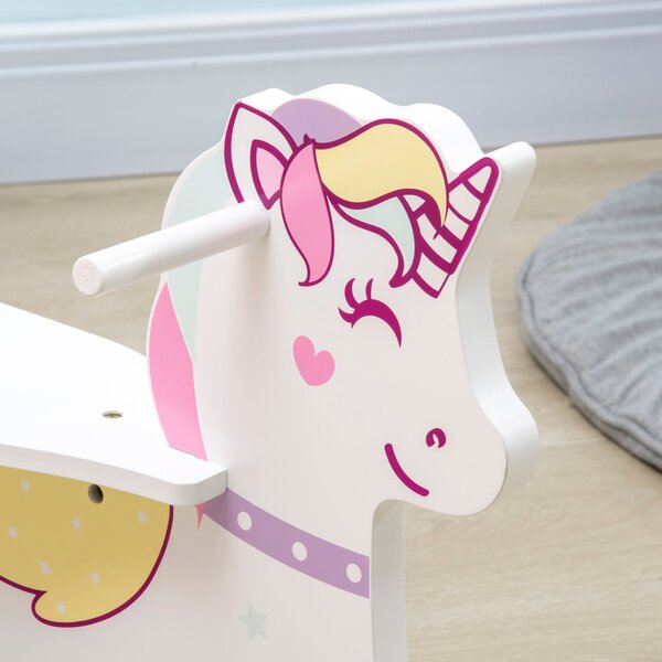 AIYAPLAY Houpací kůň pro děti 1-3 roky s madly, houpací kůň s opěrkou a pedály z MDF, 68cm x 27cm x 47.5cm, Modrá Růžová Bílá | Aosom