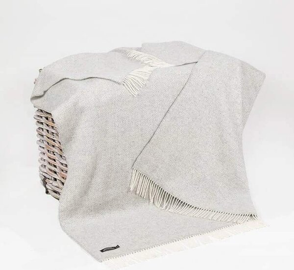 Deka XXL Merino vlna / kašmír Pale Grey & Cream Herringbone 220 x 136 cm John Hanly