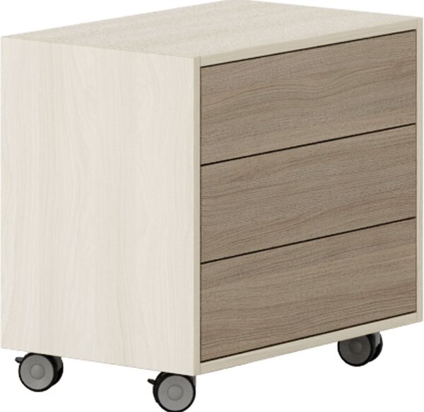 Pojízdná skříňka na kolečkách LAYERS, krátká, 3 zásuvky, 600 x 400 x 575 mm, dub přírodní / dub mořený