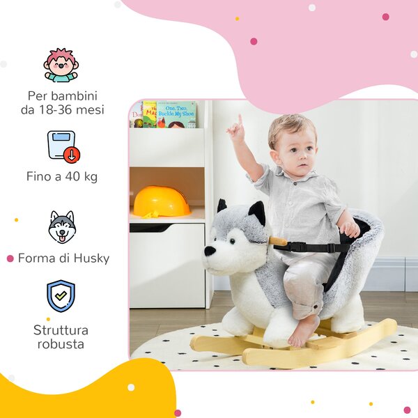HOMCOM Houpací kůň pro děti 18-36 měsíců, houpací kůň pro děti s realistickými zvuky, 60x33x50 cm, šedý | Aosom